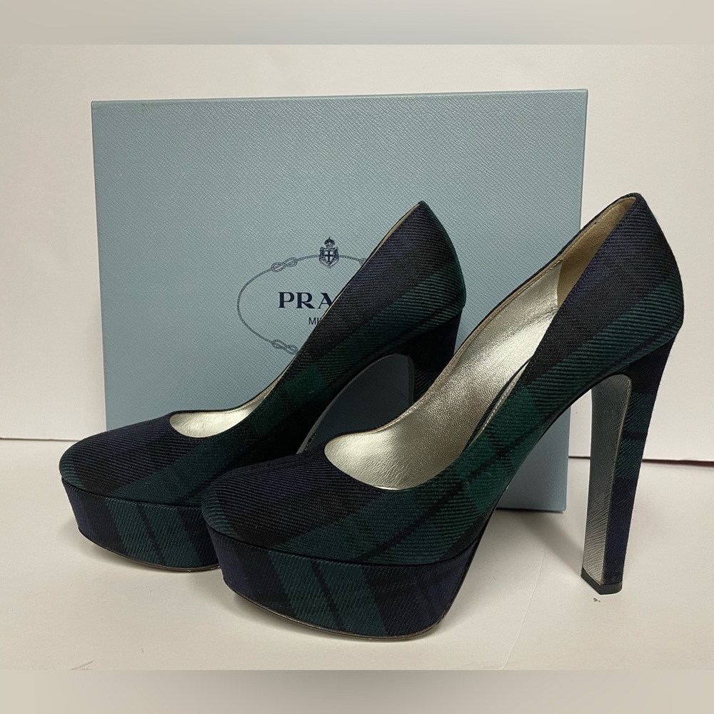 Prada checked wool pumps high heels blue green black 38.5
